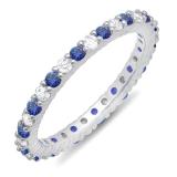 1.00 Carat (ctw) 18K White Gold Round Blue Sapphire & White Diamond Ladies Eternity Anniversary Stackable Ring Wedding Band 1 CT