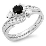 0.90 Carat (ctw) 10K White Gold Round Black And White Diamond Ladies Swirl Bridal Engagement Ring Matching Band Set