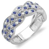 0.58 Carat (ctw) 14K White Gold Round White Diamond & Blue Sapphire Ladies Anniversary Wedding Matching Band Stackable Swirl Ring 1/2 CT