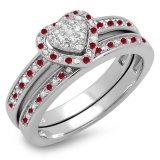 0.23 Carat (ctw) Sterling Silver Round Ruby & White Diamond Ladies Heart Shaped Bridal Engagement Ring With Matching Band Set 1/4 CT