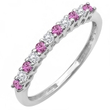 0.33 Carat (ctw) 10K White Gold Round White Diamond & Pink Sapphire Ladies Anniversary Stackable Wedding Band 1/3 CT