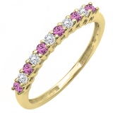 0.33 Carat (ctw) 10K Yellow Gold Round White Diamond & Pink Sapphire Ladies Anniversary Stackable Wedding Band 1/3 CT