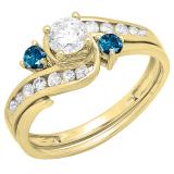 0.90 Carat (ctw) 18K Yellow Gold Round Blue And White Diamond Ladies Swirl Bridal Engagement Ring Matching Band Set