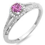 0.40 Carat (ctw) 18K White Gold Round Pink Sapphire And White Diamond Ladies Engagement Halo Style Split Shank Bridal Ring