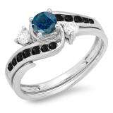 0.90 Carat (ctw) 14K White Gold Round Blue Black & White Diamond Ladies Swirl Bridal Engagement Ring Matching Band Set