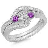 0.60 Carat (ctw) 14K White Gold Round Amethyst & White Diamond Ladies Swirl Style Bridal 3 Stone Engagement Ring With Matching Band Set