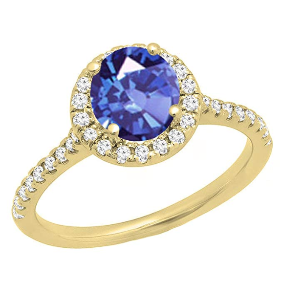 14K White Gold 6 MM Round Tanzanite & White Diamond Bridal Halo Style Engagement Ring