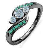 0.50 Carat (ctw) Black Rhodium Plated 10K White Gold Aquamarine & Tsavorite 3 Stone Ring 1/2 CT
