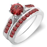 1.00 Carat (ctw) 14K White Gold Round Ruby Ladies Bridal Engagement Ring Set With Band 1 CT