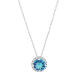 14K White Gold Blue Topaz 5.5 MM Gemstone & Diamond Ladies Halo Style Pendant