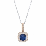 6mm Round Blue Sapphire & White Diamond Double Halo Pendant Necklace for Women with 18 inch Silver Chain in 18K Rose Gold