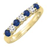 14K Yellow Gold Round Cut Blue Sapphire And White Diamond Ladies Stackable Wedding Band