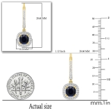6 MM Each Cushion Blue Sapphire & Round White Diamond Halo Dangling Drop Earrings for Women in 14K Yellow Gold