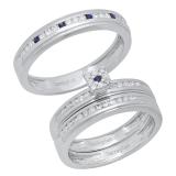 14K White Gold Round Blue Sapphire & White Diamond Men & Women's Fashion Engagement Ring Trio Set