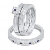 14K White Gold Round Blue Sapphire & White Diamond Men & Women's Fashion Engagement Ring Trio Set