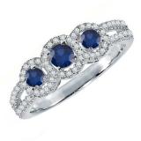 18K White Gold Round Blue Sapphire & White Diamond Ladies Engagement Ring
