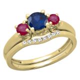 18K Yellow Gold Round 5 MM Blue Sapphire Ruby & White Diamond Ladies Bridal Engagement Ring Set