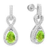 7X5 MM Pear Peridot & Round White Diamond Ladies Infinity Swirl Drop Earrings 14K White Gold