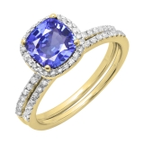 14K Yellow Gold 7 MM Cushion Tanzanite & Round Diamond Ladies Bridal Engagement Ring Set
