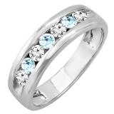 14K White Gold Round Aquamarine & White Diamond Men's Fashion Wedding Band
