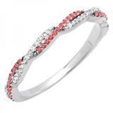 14K White Gold Round Ruby & White Diamond Ladies Swirl Stackable Wedding Band