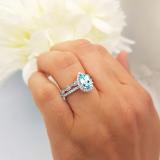 9X6mm Pear Aquamarine & Round White Diamond Halo Engagement Ring Band Set 14K White Gold