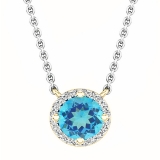 7mm Round Blue Topaz & White Diamond Ladies Halo Fancy Pendant with Silver Chain in 18K Yellow Gold