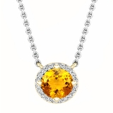 7mm Round Citrine & White Diamond Ladies Halo Fancy Pendant with Silver Chain in 18K Yellow Gold