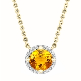 Round 7mm Citrine & White Diamond Halo Style Pendant for Women with Gold Chain in 18K Yellow Gold