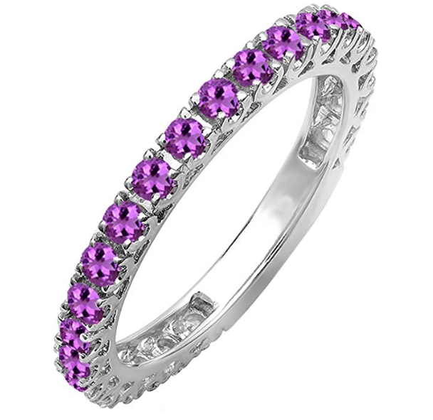 0.90 Carat (ctw) 10K White Gold Round Amethyst Eternity Sizeable Stackable Ring Anniversary Wedding Band