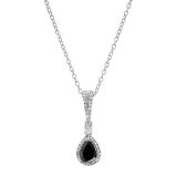 7x5mm Pear Black Sapphire & Round White Diamond Halo Teardrop Pendant Necklace with 18 inch Silver Chain for Women in 18K White Gold