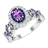 6X4mm Oval Amethyst with Round Blue Sapphire & White Diamond Interweaving Double Halo Wedding Ring for Women in 10K White Gold