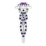 6X4mm Oval Amethyst with Round Blue Sapphire & White Diamond Interweaving Double Halo Wedding Ring for Women in 10K White Gold