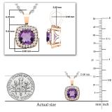 6mm Cushion Amethyst & 0.10 CT Round White Diamond Dainty Halo Pendant with 18 inch Silver Chain for Women in 14K Rose Gold