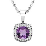 6mm Cushion Amethyst & 0.10 CT Round White Diamond Dainty Halo Pendant with 18 inch Silver Chain for Women in 925 Sterling Silver