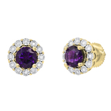 Round 5.5mm Each Amethyst & White Diamond Halo Illusion Set Screwback Stud Earrings for Women in 10K Yellow Gold