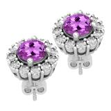 Round 5.5mm Each Amethyst & White Diamond Halo Illusion Set Pushback Stud Earrings for Women in 925 Sterling Silver