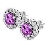 Round 5.5mm Each Amethyst & White Diamond Halo Illusion Set Pushback Stud Earrings for Women in 925 Sterling Silver