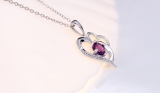 5.50mm Center Round Amethyst with Accent White Diamond Double Heart Two Tone Pendant with 18 inch Silver Chain for Women in 925 Sterling Silver