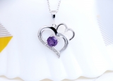 5.50mm Center Round Amethyst with Accent White Diamond Double Heart Two Tone Pendant with 18 inch Gold Chain for Women in 10K White Gold