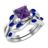 6mm Princess Amethyst and Marquise Blue Sapphire Criss Cross Ring with Matching Band for Women in 10K White Gold
