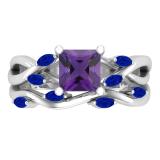 6mm Princess Amethyst and Marquise Blue Sapphire Criss Cross Ring with Matching Band for Women in 10K White Gold