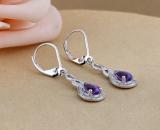 7x5mm Pear Shape Amethyst & Round White Diamond Classic Halo Swirl Style Lever Back Dangle Earrings for Women in 10K White Gold