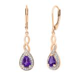 7x5mm Pear Shape Amethyst & Round White Diamond Classic Halo Swirl Style Lever Back Dangle Earrings for Women in 18K Rose Gold