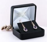 7x5mm Pear Shape Amethyst & Round White Diamond Classic Halo Swirl Style Lever Back Dangle Earrings for Women in 18K Rose Gold