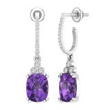 9x7mm Each Cushion Amethyst & Round White Diamond J-Shape Dangle Drop Earrings for Her in 10K White Gold in Screw Back