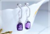 9x7mm Each Cushion Amethyst & Round White Diamond J-Shape Dangle Drop Earrings for Her in 10K White Gold in Screw Back