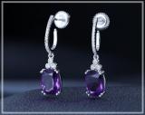 9x7mm Each Cushion Amethyst & Round White Diamond J-Shape Dangle Drop Earrings for Her in 10K White Gold in Screw Back