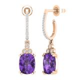 9x7mm Each Cushion Amethyst & Round White Diamond J-Shape Dangle Drop Earrings for Her in 18K Rose Gold in Push Back