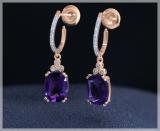 9x7mm Each Cushion Amethyst & Round White Diamond J-Shape Dangle Drop Earrings for Her in 18K Rose Gold in Push Back